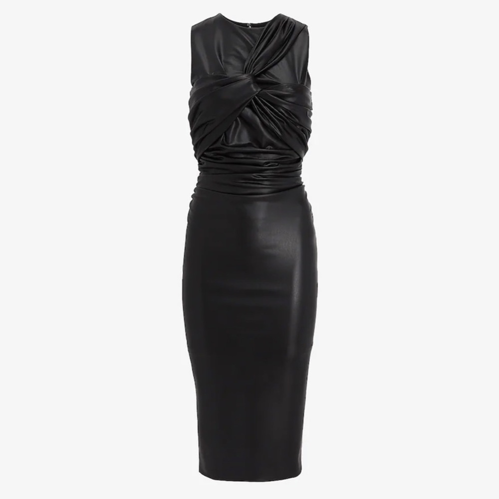 Body Contour Faux Leather Twist Front Midi Dress With Built-In Shapewear